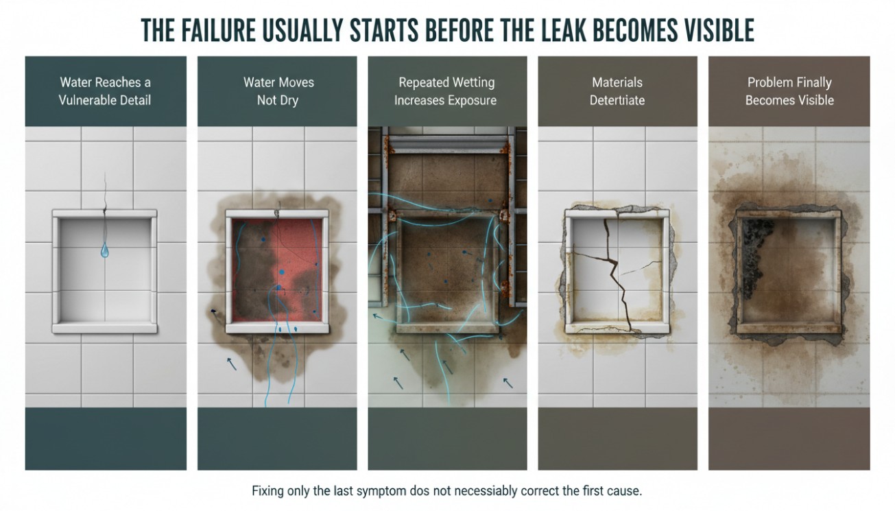 Shower niche leak failure progression from hidden water intrusion to visible material damage